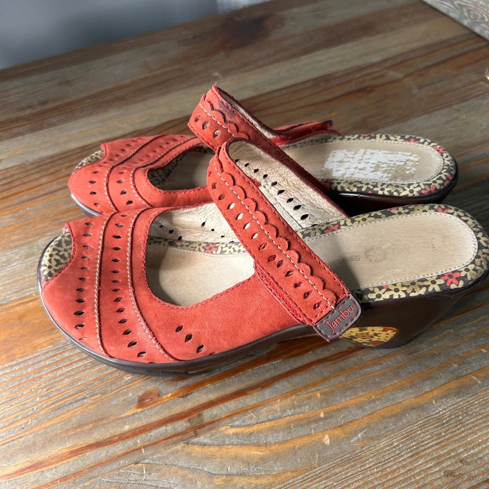 Jambu Touring Red Leather Mary Jane Wedge Peep Toe Floral Shoes 9M